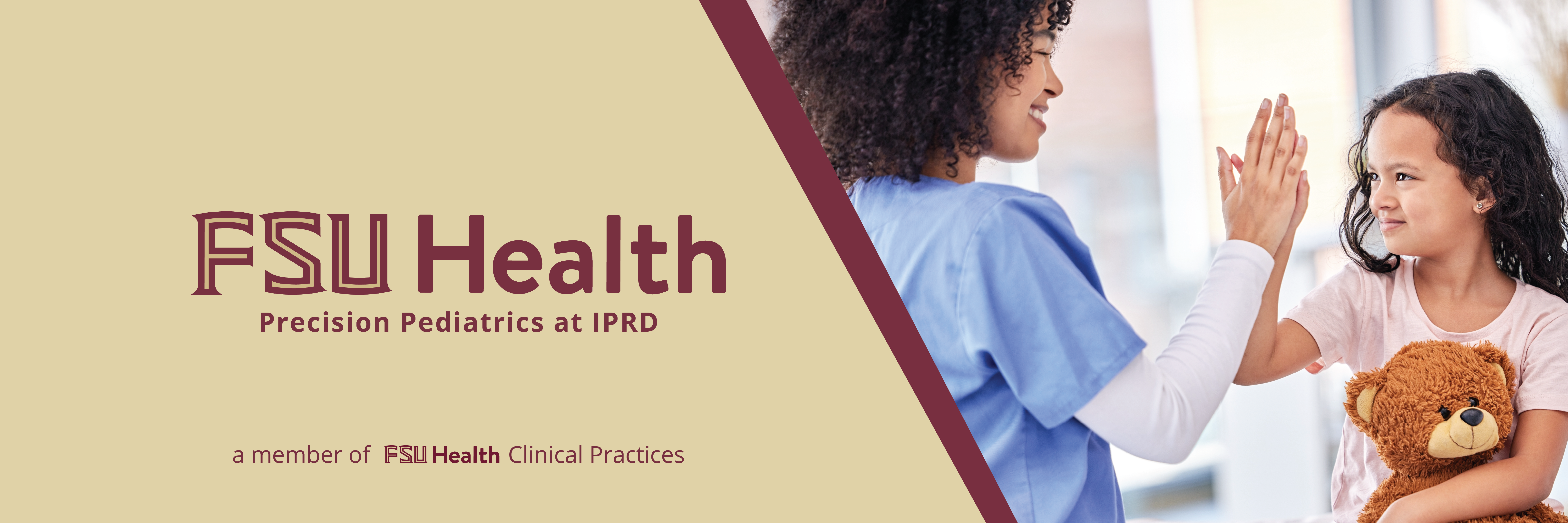 FSU Health Precision Pediatrics at IPRD banner showing a healthcare provider using a stethoscope to examine an infant seated on a caregiver’s lap, with FSU Health branding on the left.
