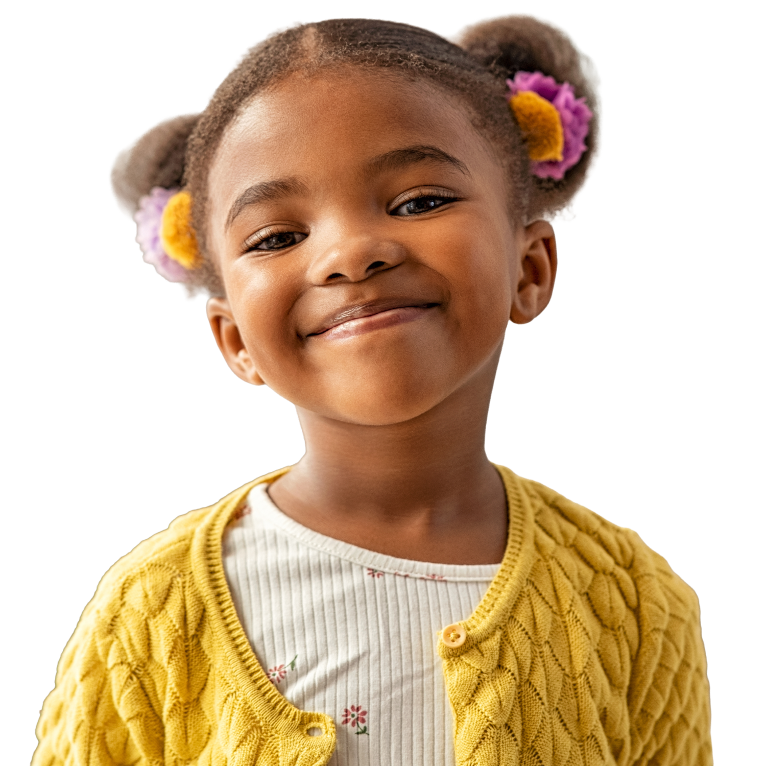 Child smiling with pink tails